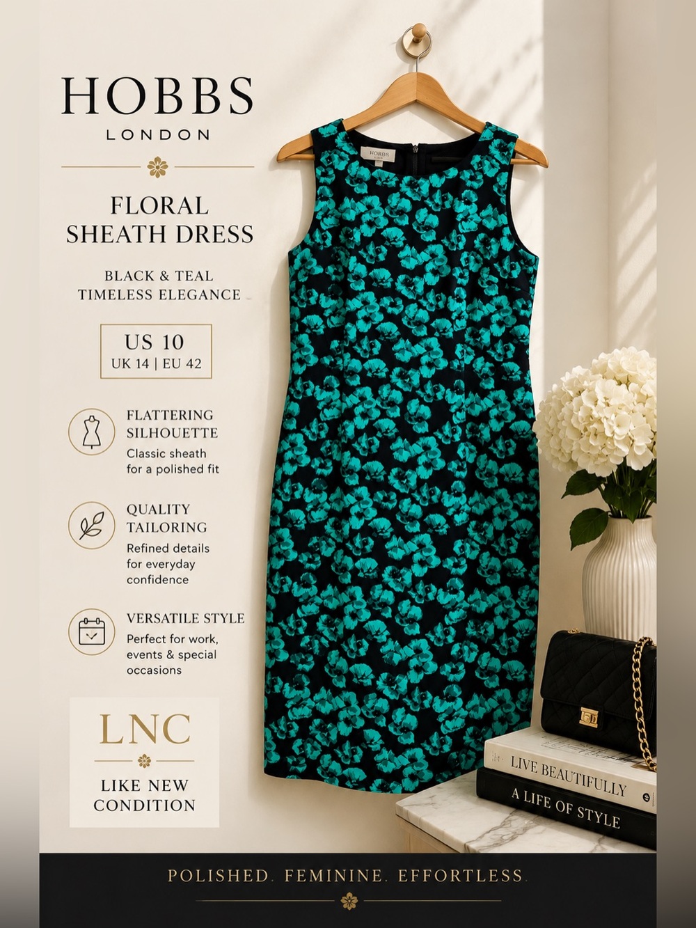 Hobbs London Floral Sheath Dress Black & Teal Sleeveless Career Dress US 10